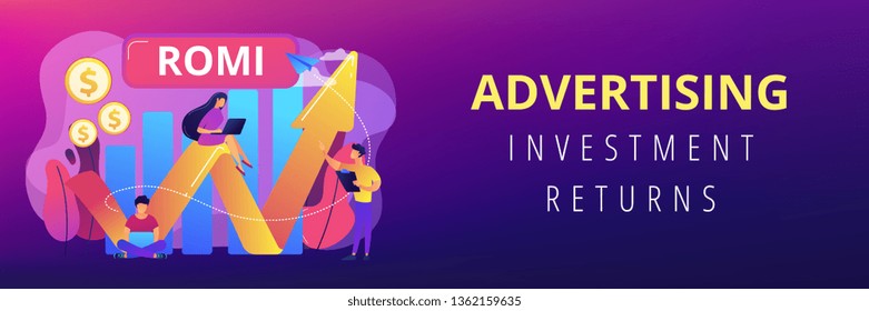 Marketing investment effectiveness chart, tiny people. Marketing investment, return on marketing investment, advertising investment returns concept. Header or footer banner template with copy space.