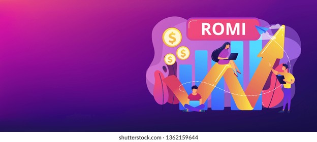 Marketing investment effectiveness chart, tiny people. Marketing investment, return on marketing investment, advertising investment returns concept. Header or footer banner template with copy space.