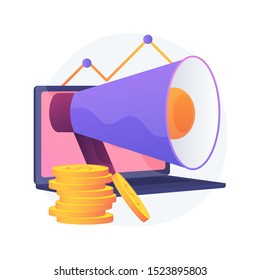 Marketing investment. Profit, revenue, income. Golden coins stack, laptop and megaphone. Business funding. Savings and earnings growth. Vector isolated concept metaphor illustration