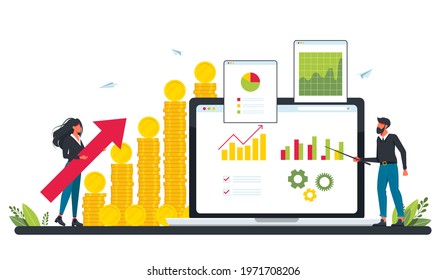Marketing investment,demand planning,digital auditing concept with tiny people. Business plan, finance management, revenue metaphor.tiny people with a big pile of coins and graphs on a computer screen