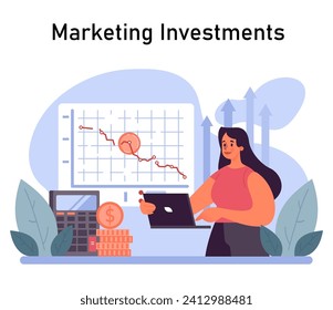 Marketing Investments concept. A marketer evaluates financial graphs indicating ROI growth, highlighting strategic fund allocation. Navigating market trends for profitability. Flat vector illustration