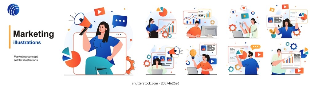 Marketing isolated set. Successful promotion strategy, customer attracting. People collection of scenes in flat design. Vector illustration for blogging, website, mobile app, promotional materials.