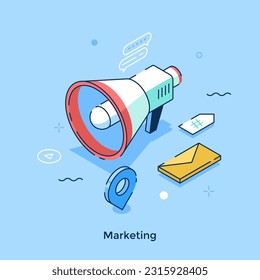 Marketing isometric concept vector illustration. Online advertising campaign. Business promotion tools cartoon composition for web design. Creative idea for website, mobile, presentation