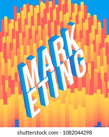 Marketing isometric gradient word design - volumetric letters on fluid red and yellow color geometric abstract shapes and stripes isolated on blue background. Vector illustration.