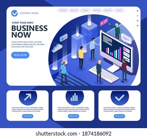 Marketing isometric people working together and  developing a successful business strategy, Business and finance vector isometric concept, Vector illustration