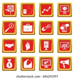 Marketing items icons set in red color isolated vector illustration for web and any design