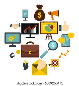 Marketing items set icons in flat style isolated on white background