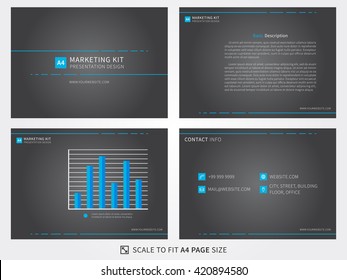 Marketing kit presentation vector template. Modern business presentation creative design. Power layout with diagrams and charts. Marketing kit visualization template. Easy to use, edit and print. 