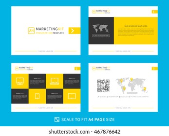 Marketing kit presentation vector template. Modern business presentation creative design. Power layout with diagrams and charts. Marketing kit visualization template. Easy to use, edit and print.