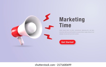 Marketing landing page concept, realistic 3d megaphone, loudspeaker with lightning. Vector illustration