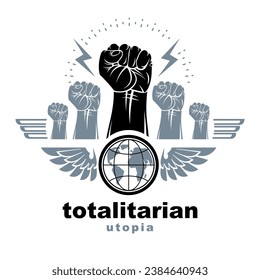 Marketing leaflet composed with raised clenched fists of revolutionary people and globe, vector illustration. No limits and restrictions, nonconformist concept.