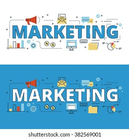 Marketing lettering flat line design with icons and elements for book cover, report header, presentation,illustration, infographics, printing, website banner and landing page.