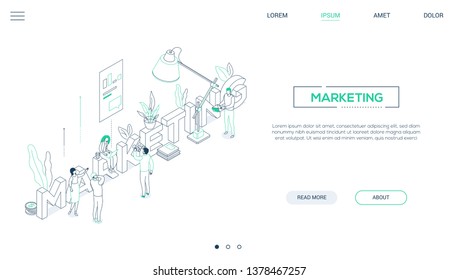 Marketing - Line Design Style Isometric Web Banner On White Background With Inscription And Copy Space For Text. Header With A Team, Male, Female Colleagues, Business People Discussing Strategy