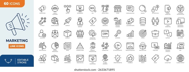 Marketing line editable icon set. Contain icons related to campaign, market research, strategy, target audience, branding, advertising, promotion, and more. Editable stroke. Vector illustration