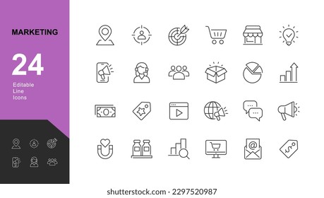 Marketing Line Editable Icons set. Vector illustration in modern thin line style of business icons:  promotion, advertising, optimization, profit increase. Pictograms and infographics for mobile apps