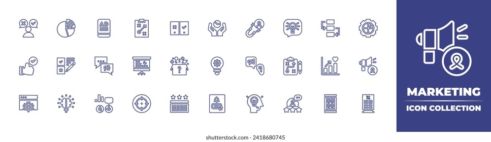 Marketing line icon collection. Editable stroke. Vector illustration. Containing lead generation, workflow, feedback, ad, ab testing, consulting, word of mouth, growth, accept, diffusion, surprise.