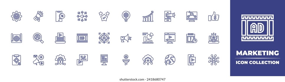 Marketing line icon collection. Editable stroke. Vector illustration. Containing megaphone, performance, market research, data report, digital marketing, cloud computing, marketing, video marketing.