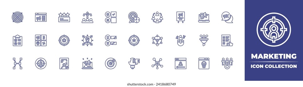 Marketing line icon collection. Editable stroke. Vector illustration. Containing campaign, affiliate marketing, marketing mix, network, focus, connection, cost per acquisition, advertising, viral.