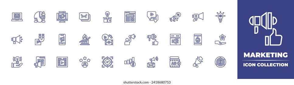 Marketing line icon collection. Editable stroke. Vector illustration. Containing megaphone, marketing, hand, paid, pie chart, digital marketing, ethical, email, advertisement.