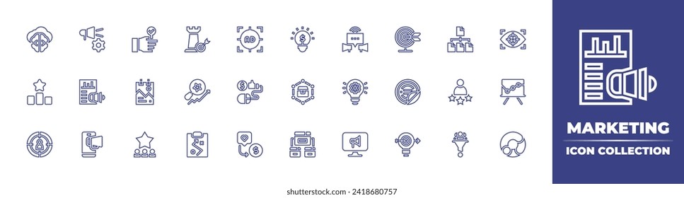 Marketing line icon collection. Editable stroke. Vector illustration. Containing campaign, pr, content, development, digital marketing, strategy, trendy, customer satisfaction, traffic, best, supply.