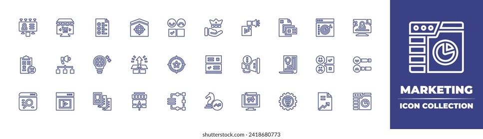 Marketing line icon collection. Editable stroke. Vector illustration. Containing online marketing, video marketing, marketing, target, increase, survey, online shop, profit report, billboard, crown.