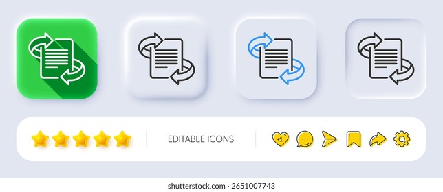 Ícone de linha de marketing. Neumórfico, sombra plana, botões 3d. Página com sinal de setas. Símbolo do artigo. Ícone de marketing de linha. Ícones de mídia social. Vetor