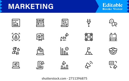 Paquete de iconos de línea de marketing con diseños mínimos modernos profesionales, Vectores de contorno únicos ideales para conceptos de marca, publicidad, promoción, comunicación y estrategia