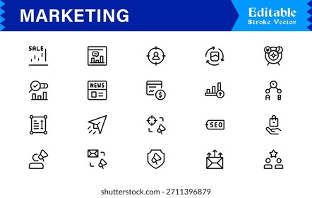 Paquete de iconos de línea de marketing con diseños mínimos modernos profesionales, Vectores de contorno únicos ideales para conceptos de marca, publicidad, promoción, comunicación y estrategia