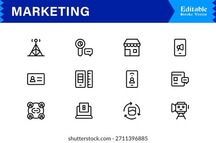 Icon-Paket für die Marketinglinie mit professionellen, modernen Minimaldesigns, einzigartigen Vektorgrafiken für die Konturgestaltung, ideal für Branding, Werbung, Werbung, Kommunikation und Strategiekonzepte