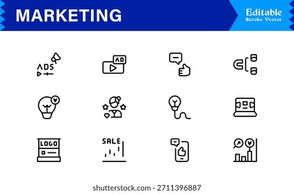 Paquete de iconos de línea de marketing con diseños mínimos modernos profesionales, Vectores de contorno únicos ideales para conceptos de marca, publicidad, promoción, comunicación y estrategia