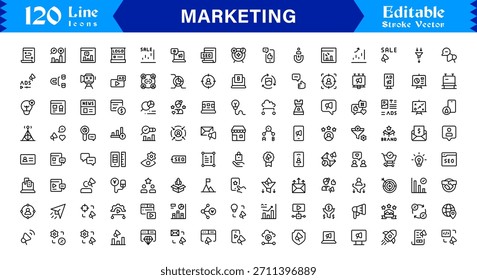 Marketing line icon pack featuring professional modern minimal designs, unique outline vectors ideal for branding, advertising, promotion, communication, and strategy concepts