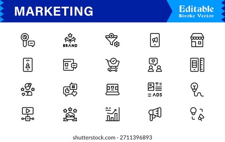 Marketing line icon pack featuring professional modern minimal designs, unique outline vectors ideal for branding, advertising, promotion, communication, and strategy concepts