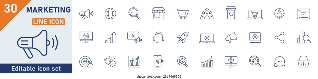 Marketing line icon set. Set of 30 outline icons related to advertising, sales, e-commerce, SEO, business, ads, content and others. Editable stroke. Vector illustration.