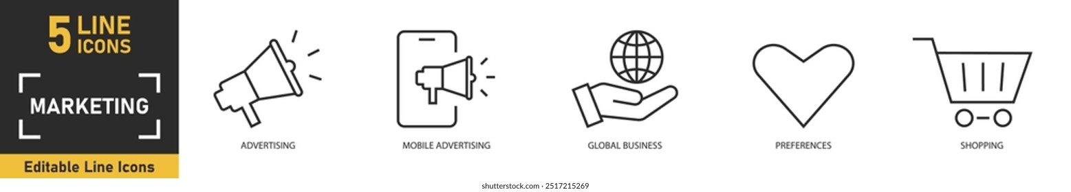 Conjunto de ícones da linha de marketing. Conjunto de 5 ícones de tópicos relacionados a publicidade, publicidade móvel, negócios globais, preferências, compras e muito mais. Ilustração vetorial.