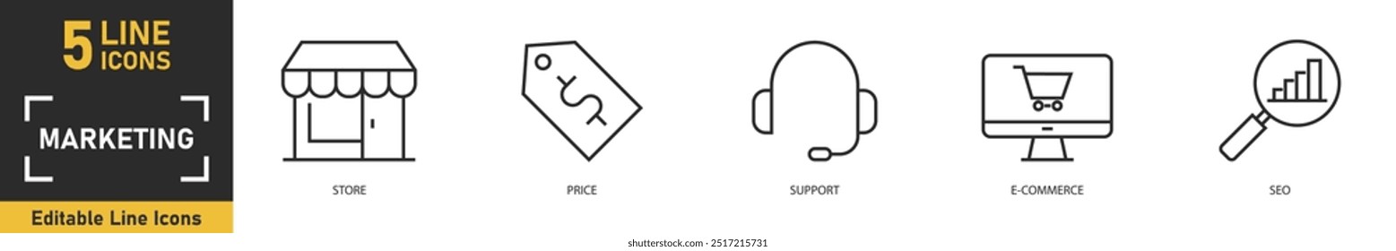 Marketing line icon set. Set of 5 outline icons related to store, price, support, e commerce, seo and more. Vector illustration.