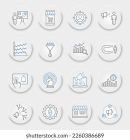 Marketing line icon set, digital marketing collection, vector graphics, neumorphic UI UX buttons, marketing vector icons, seo signs, outline pictograms, editable stroke