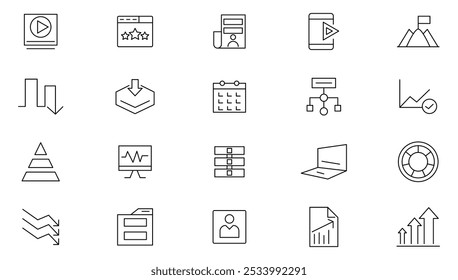 Marketing line icon set. Digital marketing. Containing seo, content, website, social media, communication, advertising, e-commerce, target audience, and website line icon set. UI thin line icon pack.