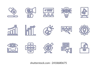 Conjunto de iconos de línea de marketing. Trazo editable. Ilustración vectorial. Conteniendo revisión de equipo, oferta, objetivo, satisfacción, uso, crecimiento, aumento, análisis, valoración, visión, testimonio, promoción, signo digital