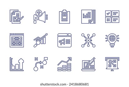 Conjunto de iconos de línea de marketing. Trazo editable. Ilustración vectorial. Conteniendo marketing digital, dinero, contenido, megáfono, wireframing, trendy, gráfico de barras, estrategia, viral, diseño web, lista de verificación, global.