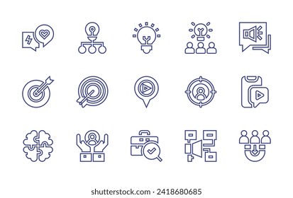 Marketing line icon set. Editable stroke. Vector illustration. Containing idea, brainstorming, location, target, briefcase, marketing plan, conversation, viral video, acquisition, engagement.