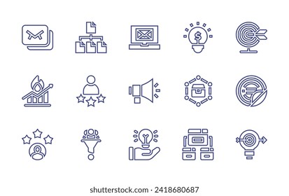 Marketing line icon set. Editable stroke. Vector illustration. Containing megaphone, hand, email, content, trendy, customer satisfaction, customer feedback, traffic, supply chain, backlink, target.
