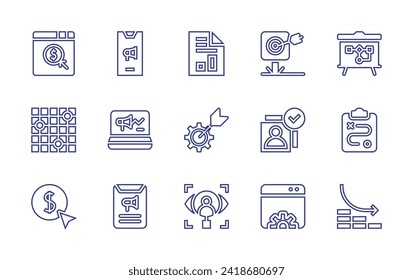 Marketing line icon set. Editable stroke. Vector illustration. Containing cost per click, smartphone, heatmap, online advertising, pay per click, envelope, strategy, losses, business report, target.