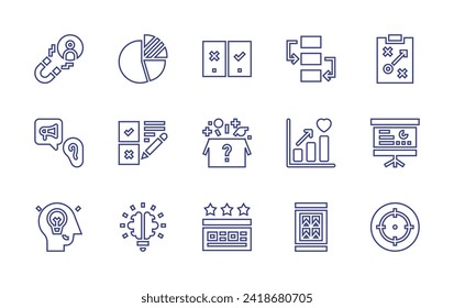 Marketing line icon set. Editable stroke. Vector illustration. Containing lead generation, workflow, ab testing, word of mouth, growth, surprise, idea, advertising, answers, presentation, rating.