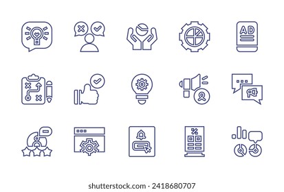 Markierungszeilensymbol eingestellt. Bearbeitbarer Strich. Vektorgrafik. Mit Feedback, Werbung, Beratung, Akzeptanz, Diffusion, Strategie, Datenvisualisierung, Idee, Scribe, Einstellungen, Werbung, Megaphon.