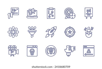 Marketing line icon set. Editable stroke. Vector illustration. Containing marketing, advertising, viral, filter, video camera, promotion, poster, making friends, online video, strategy, target, rocket