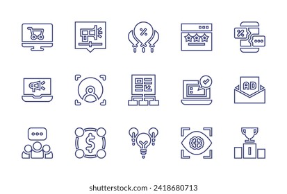 Marketing line icon set. Editable stroke. Vector illustration. Containing marketing online, video, digital marketing, target, marketing, discount, ad, competition, balloons.