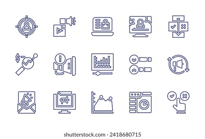 Conjunto de iconos de línea de marketing. Trazo editable. Ilustración vectorial. Conteniendo marketing digital, video marketing, marketing, audiencia, redireccionamiento, elección, compras, blogger, video, satisfacción, gráfico.
