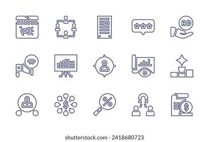 Marketing line icon set. Editable stroke. Vector illustration. Containing digital marketing, affiliate marketing, marketing, advertising, position, cost, advertisement, rating, target audience, chart.