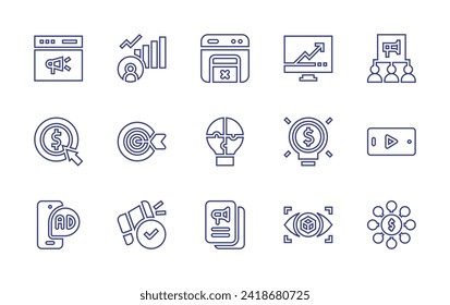 Marketing line icon set. Editable stroke. Vector illustration. Containing website, social growth, pay per click, target, mobile marketing, digital marketing, marketing, video, viral, popup, problem.