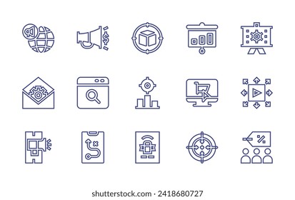 Conjunto de iconos de línea de marketing. Trazo editable. Ilustración vectorial. Con marketing global, megáfono, sobre, página de búsqueda, marketing móvil, estrategia, marketing, distribución, grupo.